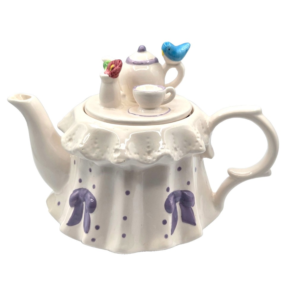 Teleflora Vintage Teapot, Tea Party White, Purple bows & Polkas Dots,‎ Blue Bird